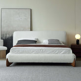 King size modern white boucle platform bed frame with beautiful upholstered headboard for optimal comfort